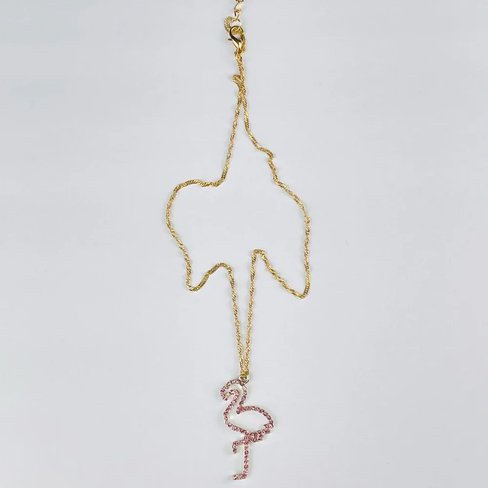 🔴🔴 NEW Pink Flamingo Rhinestone Necklace Chain Necklace Pink - Picture 9 of 13
